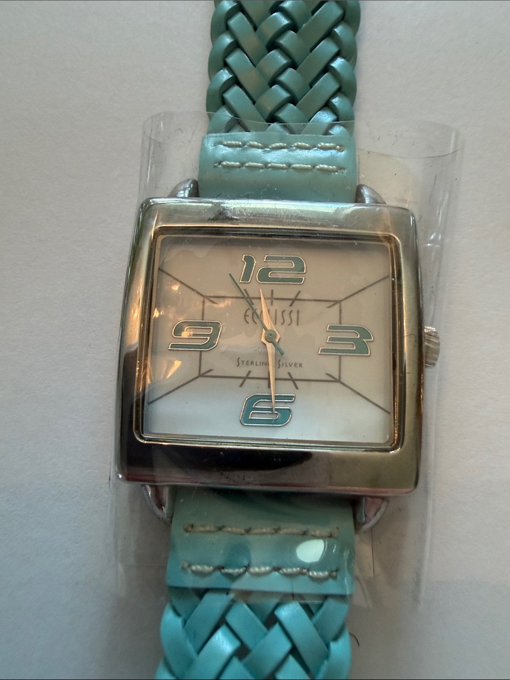 Woven Turquoise Leather Women's Watch with Silver Square Case